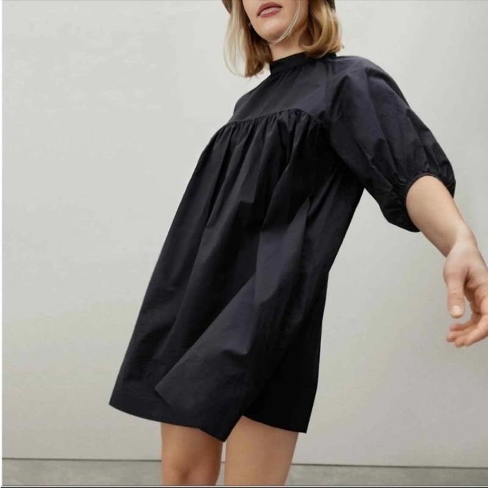 Everlane The Shirred Mini Yoke Dress Black Large Keyhole Back Short Puff Sleeve